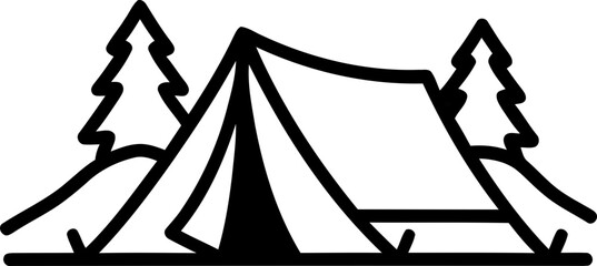 Minimalist camping tent icon with pine trees and hills outline © de