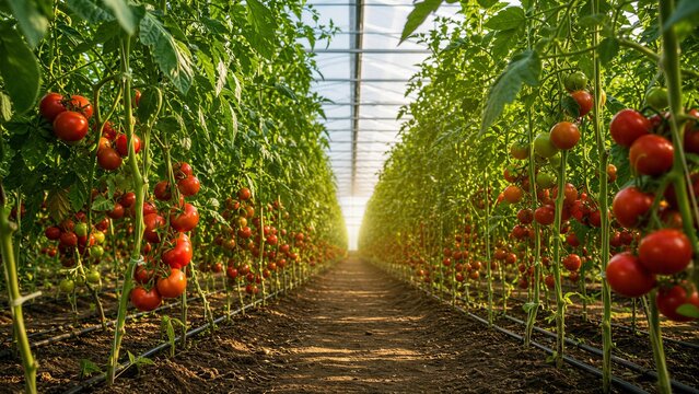 Tomato plants with ripe red and green fruit growing in rows inside a large greenhouse tunnel. Sunlight illuminates the path. Modern agriculture and organic farming concept