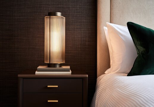 Modern bedside lamp illuminates a cozy bedroom with plush bedding