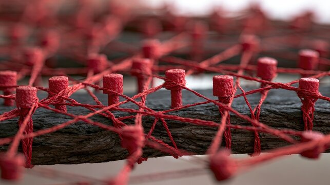 Macro view of intricate red threads connecting numerous red pins on a dark surface