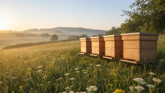 Wooden Beehives in a Wildflower Meadow at Misty Sunrise, Promoting Sustainable Beekeeping and Honey Production