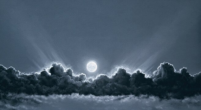 Ethereal moonlight pierces dramatic, dark clouds, casting radiant beams skyward