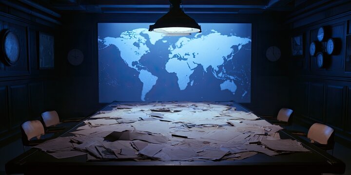 Dimly lit room with a map of the world projected behind a messy conference table