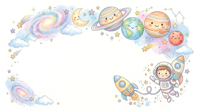 Cute space greeting card for children with smiling planets, astronaut character, rocket, stars, moon, clouds and colorful galaxies, adorable watercolor illustration style, pastel colors, white backgro