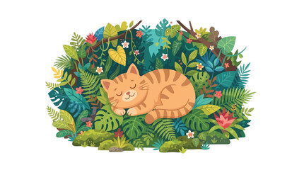 Obraz premium Cozy orange tabby cat sleeping peacefully in a lush tropical jungle illustration