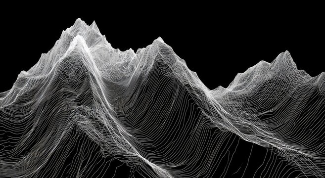 Ethereal, wireframe mountain range rendered in stark white against black