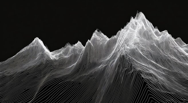 Abstract mountain range rendered with white contour lines against a black background