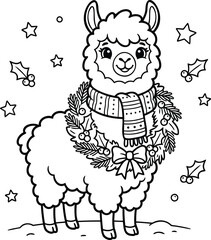 Obraz premium Smiling cartoon alpaca wearing a plaid scarf and christmas-themed starry background, smiling alpaca holiday theme