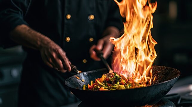 Chef flamb?ing colorful vegetables in a wok, creating intense flames