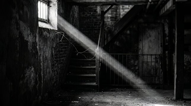 Dramatic beam of bright natural sunlight illuminates the wooden staircase and rustic brick walls inside this dark abandoned basement space captured in high contrast monochrome photography.