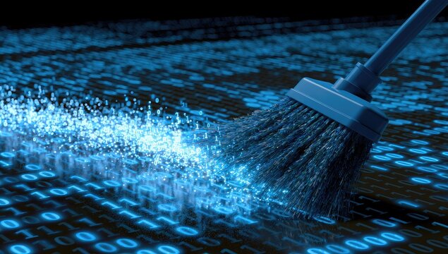 A broom sweeps away glowing digital data, symbolizing cleansing and organization