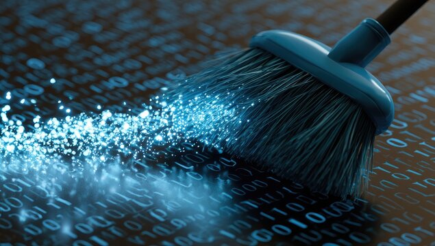 A digital broom sweeps away glowing binary code, leaving a clean path