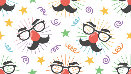 Naklejka premium Seamless pattern with funny disguise glasses and mustache masks