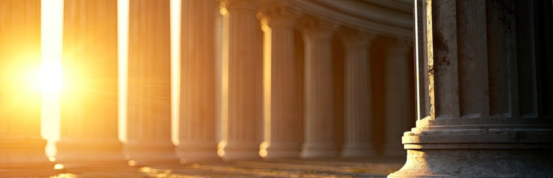 Sun flares through a row of ancient stone columns, casting golden light