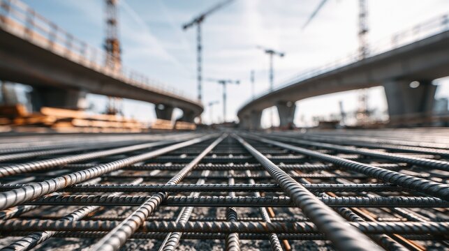 Close-up of rebar mesh on ground with blurred overpass construction in background
