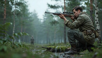 Fototapeta premium Man in military uniform aiming rifle while kneeling in forest during daytime