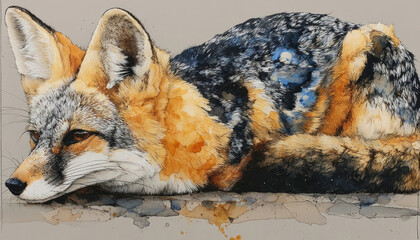 Fototapeta premium Sleeping fox watercolor illustration resting peaceful animal concept