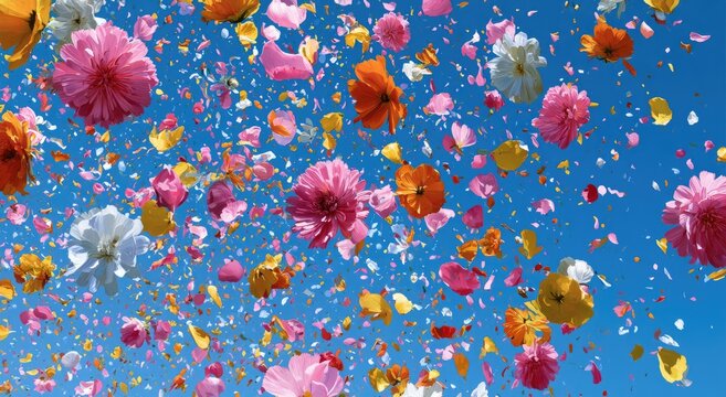 Vibrant floral confetti bursts against a clear blue sky