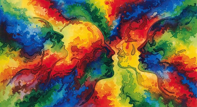 Abstract colorful profile faces meeting in artistic concept.