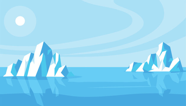 Icebergs floating in the blue arctic ocean under sunny sky