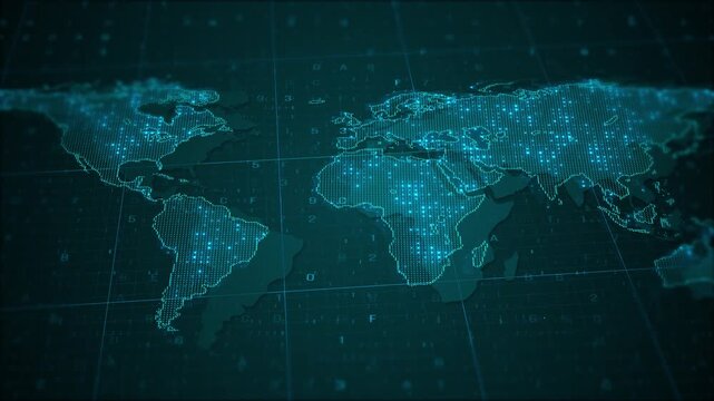 Futuristic Digital world map background cyan dotted continents, grid lines, floating numbers dark tech interface style. global network videos, data dashboards, cyber security intros, finance screens,