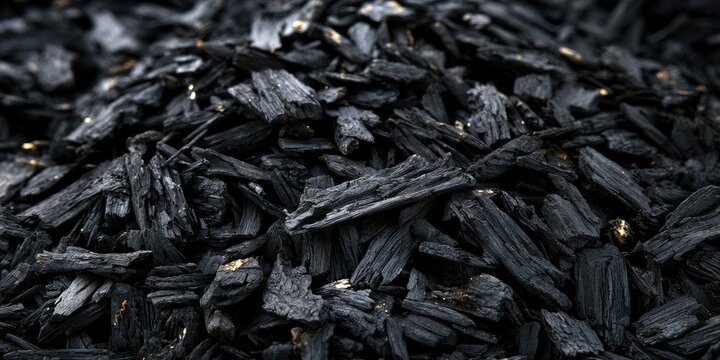 Close-up of dark, coarse wood chips with subtle golden flecks