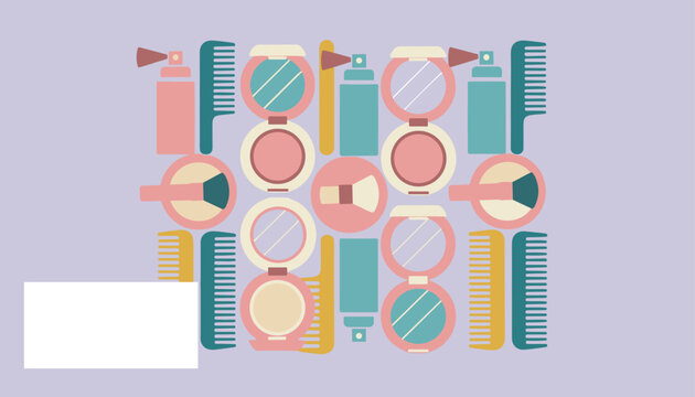 Seamless pattern of makeup and cosmetics icons on purple background