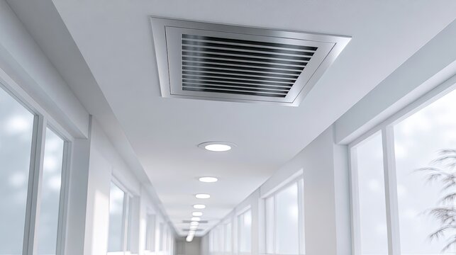 Recessed ceiling vent above a bright, modern corridor with large windows