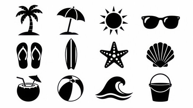 Beach and summer vacation icon set in vector format on white background.