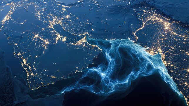 Aerial view of illuminated landmass and glowing ocean currents at night
