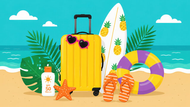 Colorful beach vacation essentials flat illustration with luggage, surfboard, and summer accessories on sand