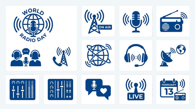 Illustrations of radio broadcasting symbols on World Radio Day, including microphones and headphones.