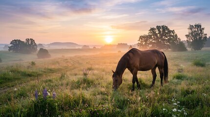 Majestic brown horse grazing in golden sunset meadow. Serene pasture scene with misty horizon and warm light. © MdLutfur