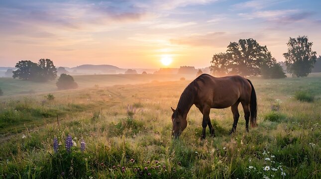 Majestic brown horse grazing in golden sunset meadow. Serene pasture scene with misty horizon and warm light.