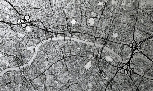 Aerial view of a dense, urban network of roads and waterways