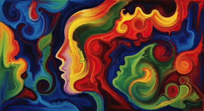 Colorful abstract faces with vibrant flowing oil paint textures.