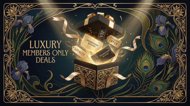 Luxury membership rewards program featuring premium gift box exclusive VIP benefits loyalty cards elite customer privileges and sophisticated brand experience marketing concept