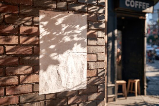 Blank poster on brick wall, dappled sunlight, outside coffee shop