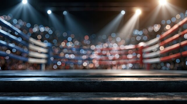 Empty boxing ring under bright lights, blurred crowd watches