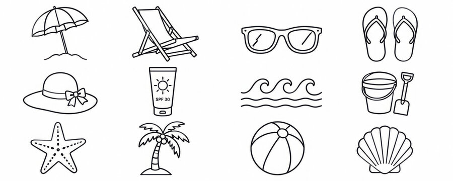 Set of twelve summer beach vacation icons in a minimalist black line art style including a palm tree, umbrella, sunglasses, and flip-flops for travel and holiday concepts