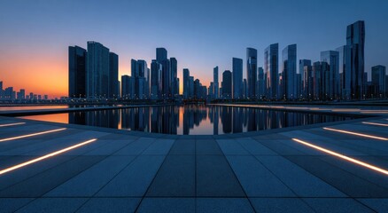 Obraz premium Futuristic city skyline at dusk with reflective water and illuminated walkway