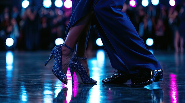 Elegant couple's feet in sparkling heels and dress shoes dance under blue/pink lights