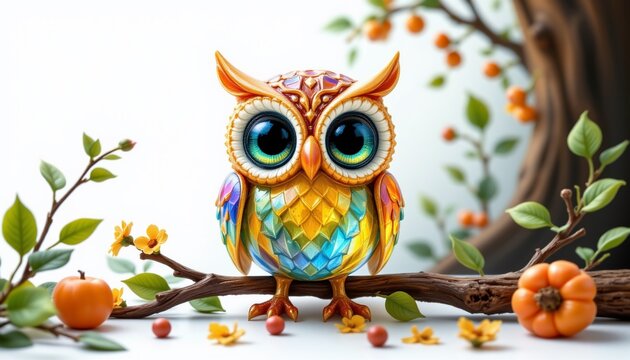 Whimsical Owl on Autumn Branch: A charming, colorful owl with large, sparkling eyes perches on a tree branch adorned with autumn fruits and leaves, exuding a playful and whimsical aura.