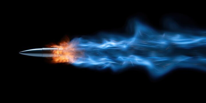 A metallic projectile streaks through darkness, enveloped in vibrant orange flames and blue smoke