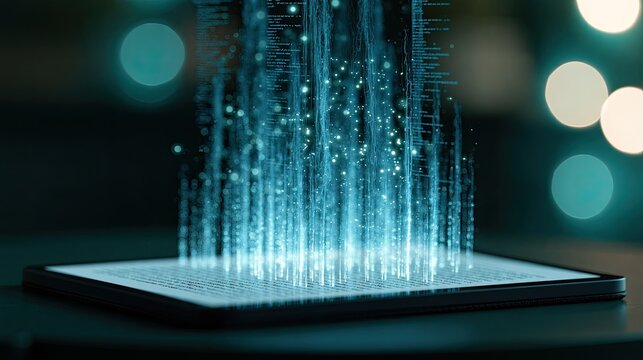 Digital information streams ascend from a tablet screen