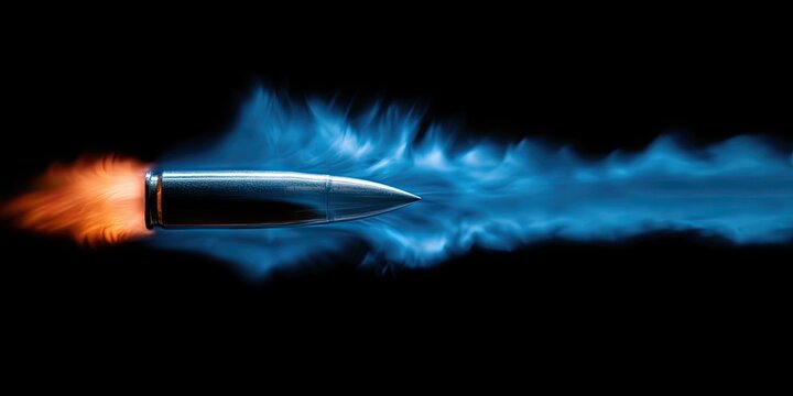 A projectile bursts through the darkness, trailing orange fire and blue smoke