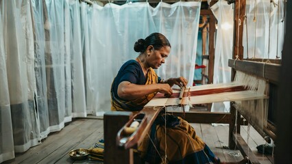 Naklejka premium Woman Weaving Traditional Textile on Loom in Natural Light
