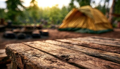 Fototapeta premium Rustic wooden table in a sun-dappled forest campsite with a yellow tent