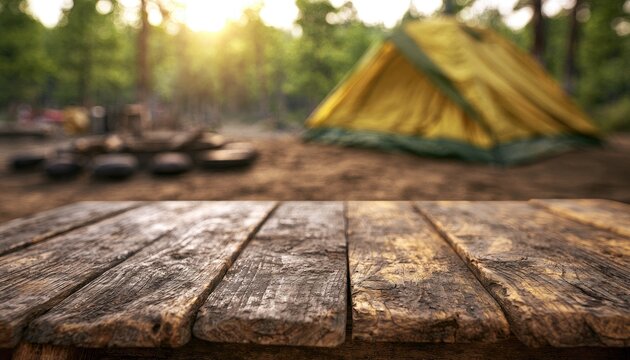Rustic wooden table in foreground, yellow tent and campfire in forest