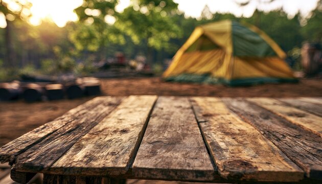 Rustic wooden table in focus, camping tent and forest background